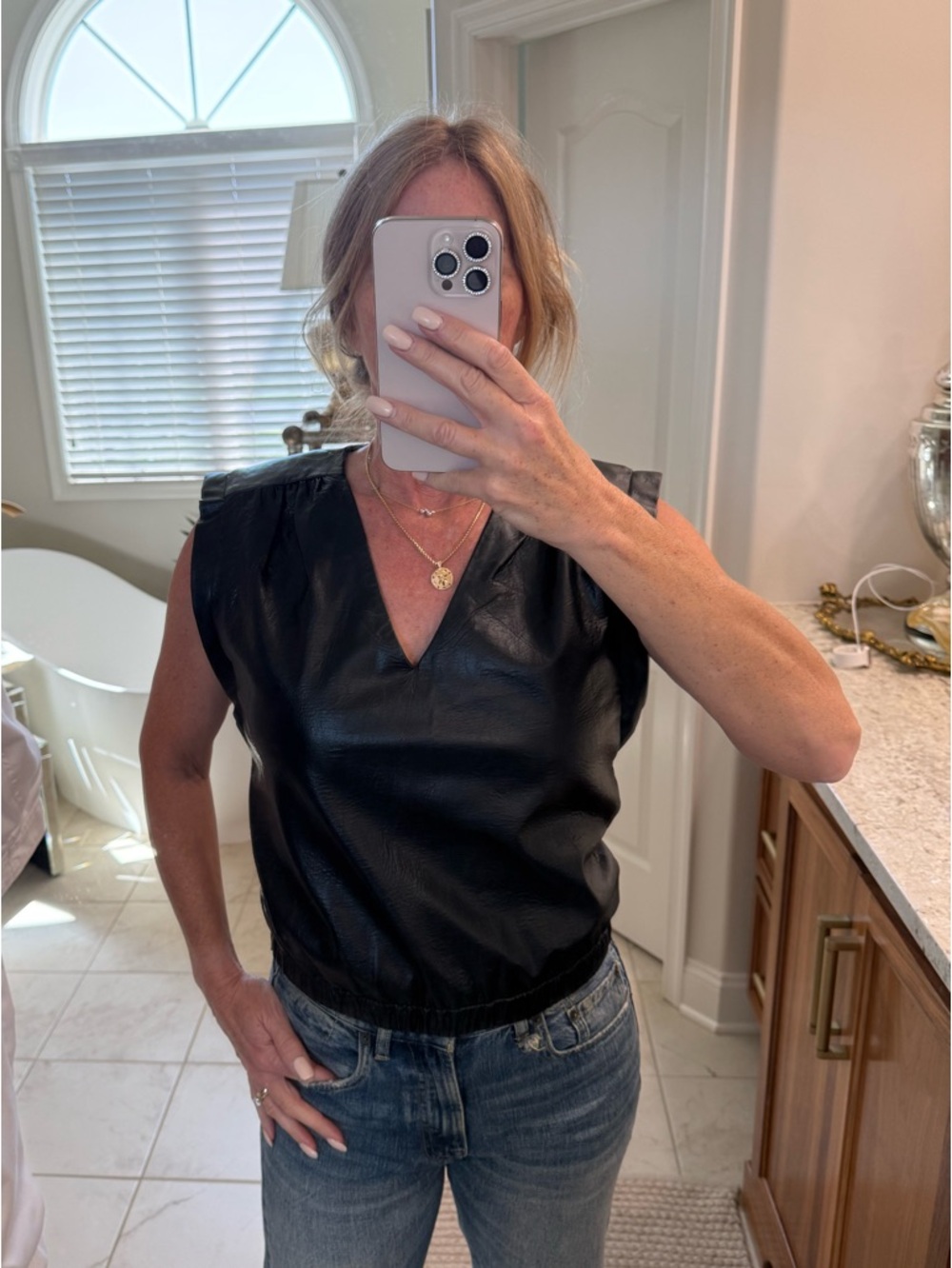 Ramy Brook black faux leather V-neck sleeveless top, Small, like-new condition.